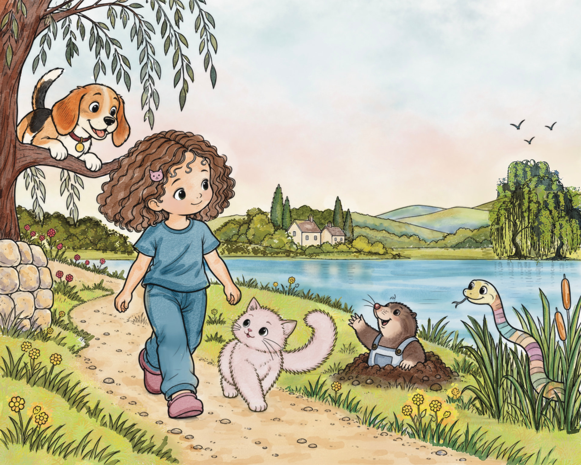 Mila Rose walks her lakeside path with her kitten Meow Meow, a beagle, a mole and a colourful snake